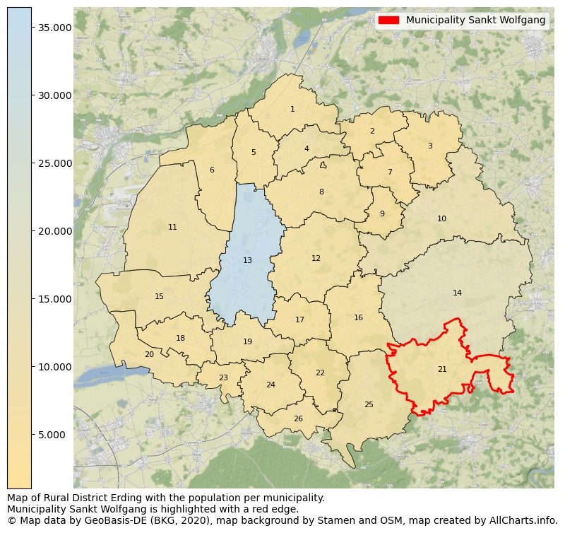 Map of Rural district Erding with the population per municipality.Municipality Sankt Wolfgang is highlighted with a red edge.. This page shows a lot of information about residents (such as the distribution by age groups, family composition, gender, native or German with an immigration background, ...), homes (numbers, types, price development, use, type of property, ...) and more (car ownership, energy consumption, ...) based on open data from the German Federal Agency for Cartography, the Federal Statistical Office (DESTATIS), the Regional Statistical Offices and various other sources!