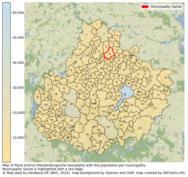 Map of Rural district Mecklenburgische Seenplatte with the population per municipality.Municipality Sarow is highlighted with a red edge.. This page shows a lot of information about residents (such as the distribution by age groups, family composition, gender, native or German with an immigration background, ...), homes (numbers, types, price development, use, type of property, ...) and more (car ownership, energy consumption, ...) based on open data from the German Federal Agency for Cartography, the Federal Statistical Office (DESTATIS), the Regional Statistical Offices and various other sources!