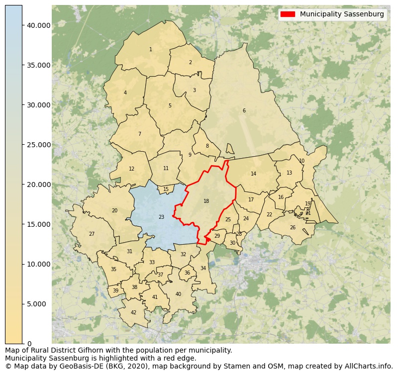 Map of Rural district Gifhorn with the population per municipality.Municipality Sassenburg is highlighted with a red edge.. This page shows a lot of information about residents (such as the distribution by age groups, family composition, gender, native or German with an immigration background, ...), homes (numbers, types, price development, use, type of property, ...) and more (car ownership, energy consumption, ...) based on open data from the German Federal Agency for Cartography, the Federal Statistical Office (DESTATIS), the Regional Statistical Offices and various other sources!
