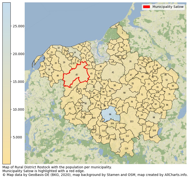 Map of Rural district Rostock with the population per municipality.Municipality Satow is highlighted with a red edge.. This page shows a lot of information about residents (such as the distribution by age groups, family composition, gender, native or German with an immigration background, ...), homes (numbers, types, price development, use, type of property, ...) and more (car ownership, energy consumption, ...) based on open data from the German Federal Agency for Cartography, the Federal Statistical Office (DESTATIS), the Regional Statistical Offices and various other sources!