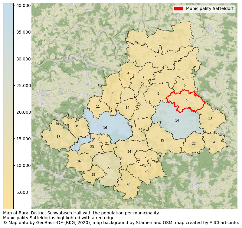 Map of Rural district Schwäbisch Hall with the population per municipality.Municipality Satteldorf is highlighted with a red edge.. This page shows a lot of information about residents (such as the distribution by age groups, family composition, gender, native or German with an immigration background, ...), homes (numbers, types, price development, use, type of property, ...) and more (car ownership, energy consumption, ...) based on open data from the German Federal Agency for Cartography, the Federal Statistical Office (DESTATIS), the Regional Statistical Offices and various other sources!