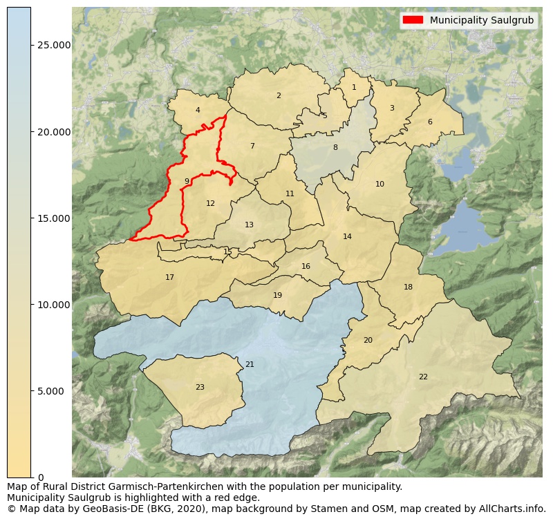 Map of Rural district Garmisch-Partenkirchen with the population per municipality.Municipality Saulgrub is highlighted with a red edge.. This page shows a lot of information about residents (such as the distribution by age groups, family composition, gender, native or German with an immigration background, ...), homes (numbers, types, price development, use, type of property, ...) and more (car ownership, energy consumption, ...) based on open data from the German Federal Agency for Cartography, the Federal Statistical Office (DESTATIS), the Regional Statistical Offices and various other sources!