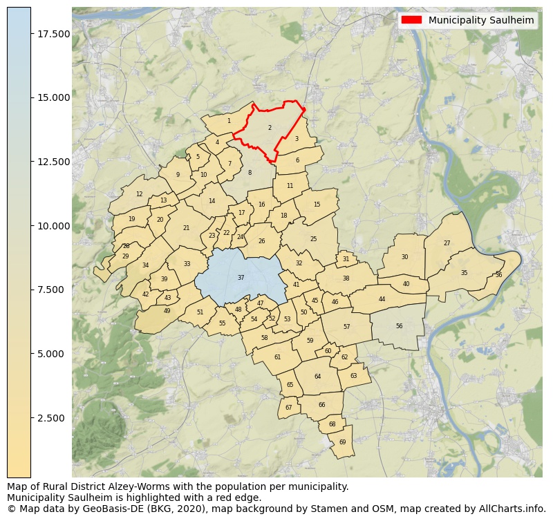 Map of Rural district Alzey-Worms with the population per municipality.Municipality Saulheim is highlighted with a red edge.. This page shows a lot of information about residents (such as the distribution by age groups, family composition, gender, native or German with an immigration background, ...), homes (numbers, types, price development, use, type of property, ...) and more (car ownership, energy consumption, ...) based on open data from the German Federal Agency for Cartography, the Federal Statistical Office (DESTATIS), the Regional Statistical Offices and various other sources!