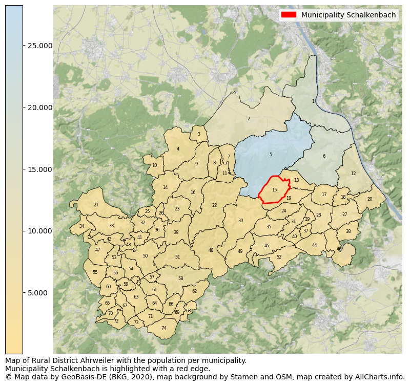 Map of Rural district Ahrweiler with the population per municipality.Municipality Schalkenbach is highlighted with a red edge.. This page shows a lot of information about residents (such as the distribution by age groups, family composition, gender, native or German with an immigration background, ...), homes (numbers, types, price development, use, type of property, ...) and more (car ownership, energy consumption, ...) based on open data from the German Federal Agency for Cartography, the Federal Statistical Office (DESTATIS), the Regional Statistical Offices and various other sources!