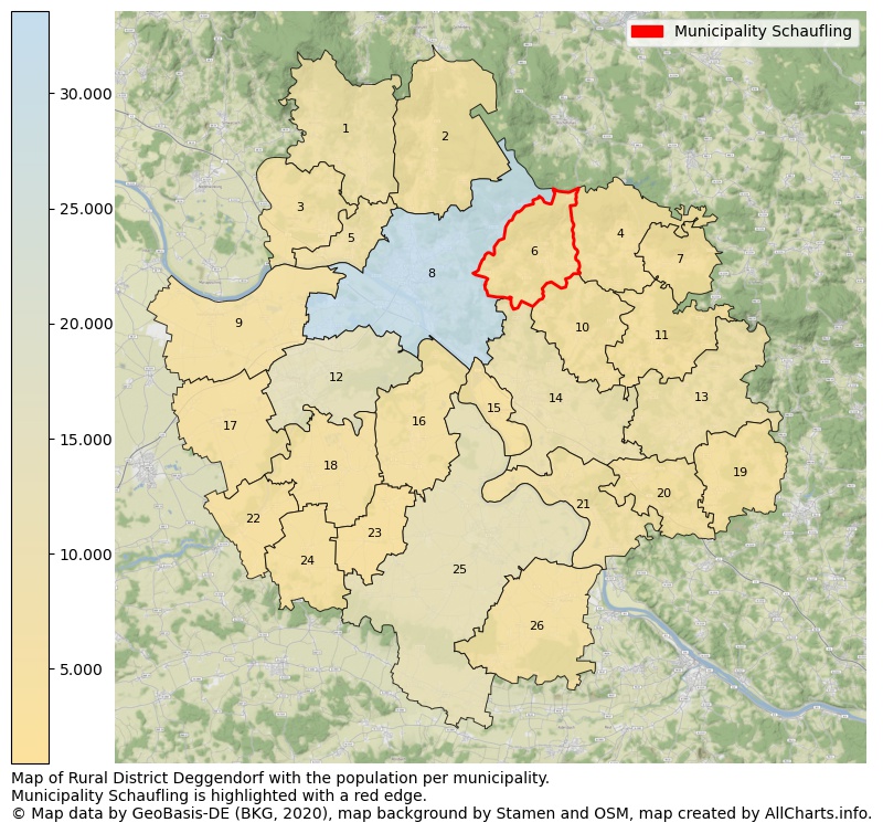 Map of Rural district Deggendorf with the population per municipality.Municipality Schaufling is highlighted with a red edge.. This page shows a lot of information about residents (such as the distribution by age groups, family composition, gender, native or German with an immigration background, ...), homes (numbers, types, price development, use, type of property, ...) and more (car ownership, energy consumption, ...) based on open data from the German Federal Agency for Cartography, the Federal Statistical Office (DESTATIS), the Regional Statistical Offices and various other sources!