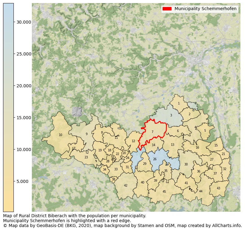 Map of Rural district Biberach with the population per municipality.Municipality Schemmerhofen is highlighted with a red edge.. This page shows a lot of information about residents (such as the distribution by age groups, family composition, gender, native or German with an immigration background, ...), homes (numbers, types, price development, use, type of property, ...) and more (car ownership, energy consumption, ...) based on open data from the German Federal Agency for Cartography, the Federal Statistical Office (DESTATIS), the Regional Statistical Offices and various other sources!