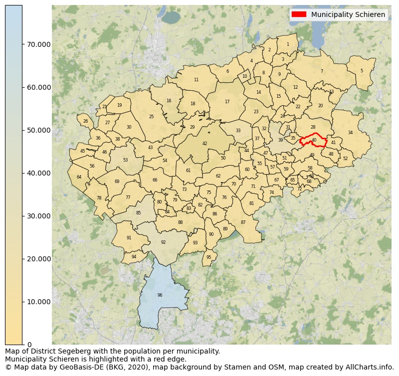 Map of District Segeberg with the population per municipality.Municipality Schieren is highlighted with a red edge.. This page shows a lot of information about residents (such as the distribution by age groups, family composition, gender, native or German with an immigration background, ...), homes (numbers, types, price development, use, type of property, ...) and more (car ownership, energy consumption, ...) based on open data from the German Federal Agency for Cartography, the Federal Statistical Office (DESTATIS), the Regional Statistical Offices and various other sources!