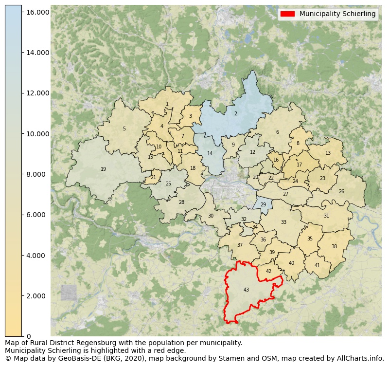 Map of Rural district Regensburg with the population per municipality.Municipality Schierling is highlighted with a red edge.. This page shows a lot of information about residents (such as the distribution by age groups, family composition, gender, native or German with an immigration background, ...), homes (numbers, types, price development, use, type of property, ...) and more (car ownership, energy consumption, ...) based on open data from the German Federal Agency for Cartography, the Federal Statistical Office (DESTATIS), the Regional Statistical Offices and various other sources!