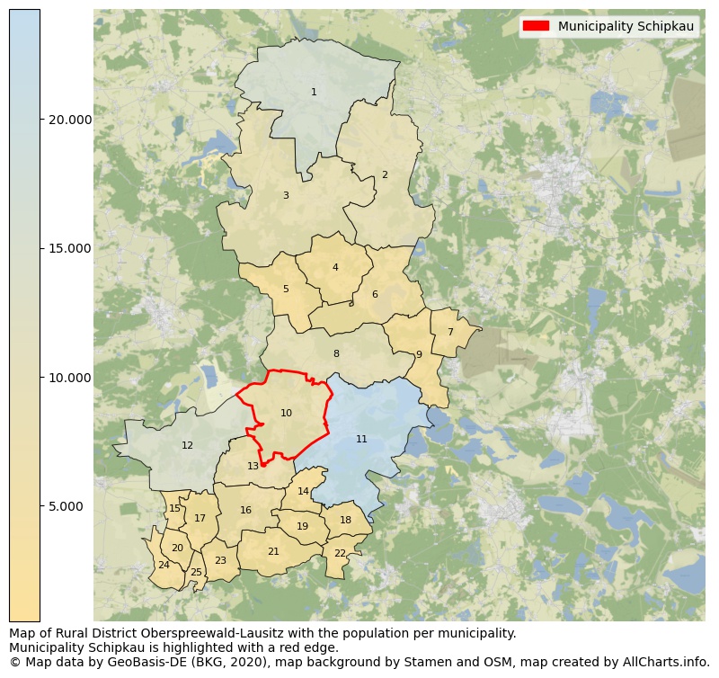 Map of Rural district Oberspreewald-Lausitz with the population per municipality.Municipality Schipkau is highlighted with a red edge.. This page shows a lot of information about residents (such as the distribution by age groups, family composition, gender, native or German with an immigration background, ...), homes (numbers, types, price development, use, type of property, ...) and more (car ownership, energy consumption, ...) based on open data from the German Federal Agency for Cartography, the Federal Statistical Office (DESTATIS), the Regional Statistical Offices and various other sources!