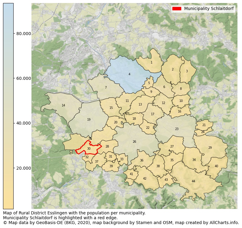 Map of Rural district Esslingen with the population per municipality.Municipality Schlaitdorf is highlighted with a red edge.. This page shows a lot of information about residents (such as the distribution by age groups, family composition, gender, native or German with an immigration background, ...), homes (numbers, types, price development, use, type of property, ...) and more (car ownership, energy consumption, ...) based on open data from the German Federal Agency for Cartography, the Federal Statistical Office (DESTATIS), the Regional Statistical Offices and various other sources!