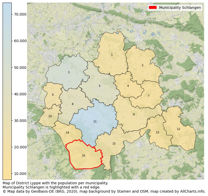Map of District Lyppe with the population per municipality.Municipality Schlangen is highlighted with a red edge.. This page shows a lot of information about residents (such as the distribution by age groups, family composition, gender, native or German with an immigration background, ...), homes (numbers, types, price development, use, type of property, ...) and more (car ownership, energy consumption, ...) based on open data from the German Federal Agency for Cartography, the Federal Statistical Office (DESTATIS), the Regional Statistical Offices and various other sources!