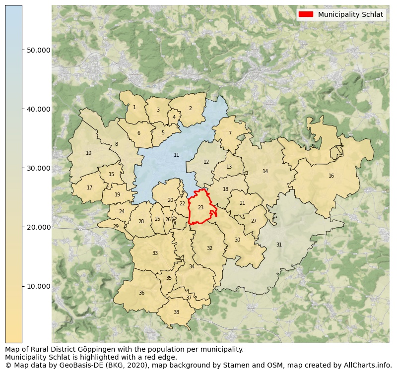 Map of Rural district Göppingen with the population per municipality.Municipality Schlat is highlighted with a red edge.. This page shows a lot of information about residents (such as the distribution by age groups, family composition, gender, native or German with an immigration background, ...), homes (numbers, types, price development, use, type of property, ...) and more (car ownership, energy consumption, ...) based on open data from the German Federal Agency for Cartography, the Federal Statistical Office (DESTATIS), the Regional Statistical Offices and various other sources!