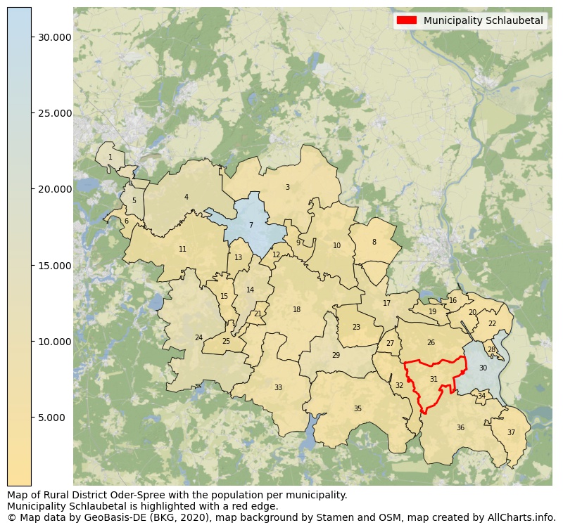 Map of Rural district Oder-Spree with the population per municipality.Municipality Schlaubetal is highlighted with a red edge.. This page shows a lot of information about residents (such as the distribution by age groups, family composition, gender, native or German with an immigration background, ...), homes (numbers, types, price development, use, type of property, ...) and more (car ownership, energy consumption, ...) based on open data from the German Federal Agency for Cartography, the Federal Statistical Office (DESTATIS), the Regional Statistical Offices and various other sources!