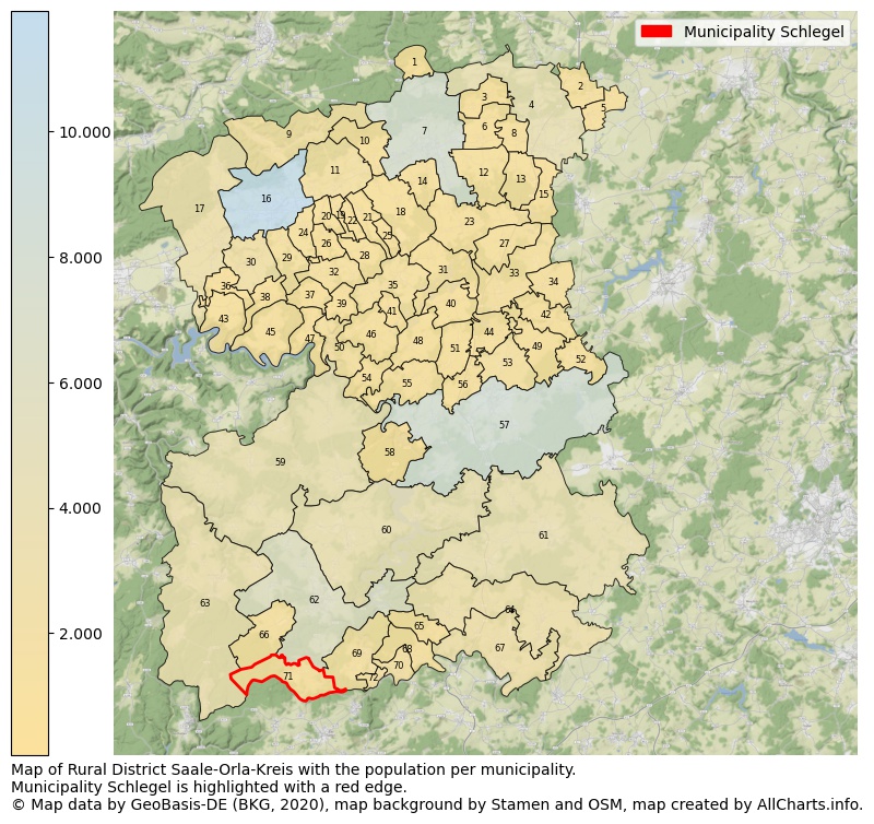Map of Rural district Saale-Orla-Kreis with the population per municipality.Municipality Schlegel is highlighted with a red edge.. This page shows a lot of information about residents (such as the distribution by age groups, family composition, gender, native or German with an immigration background, ...), homes (numbers, types, price development, use, type of property, ...) and more (car ownership, energy consumption, ...) based on open data from the German Federal Agency for Cartography, the Federal Statistical Office (DESTATIS), the Regional Statistical Offices and various other sources!