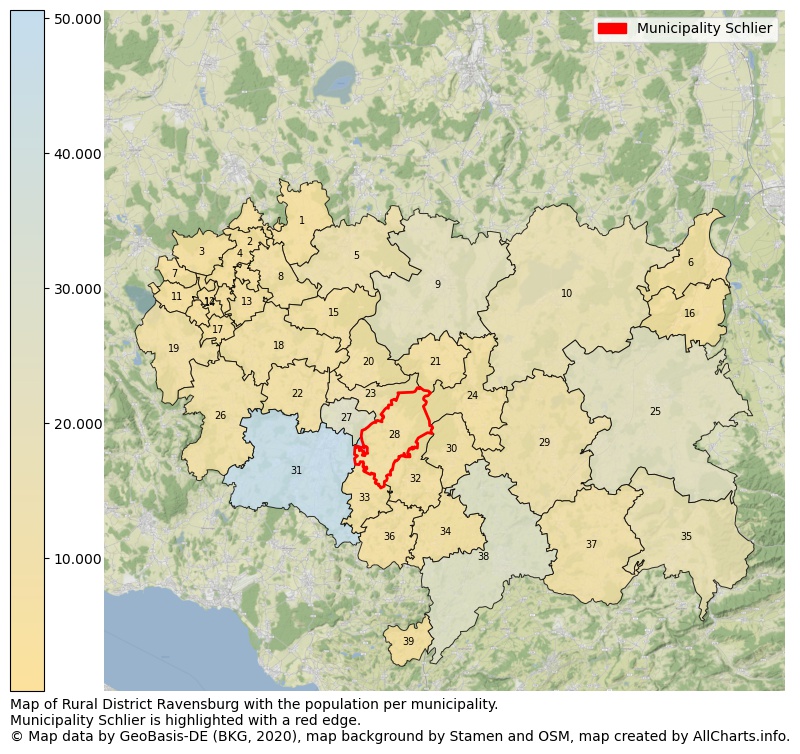 Map of Rural district Ravensburg with the population per municipality.Municipality Schlier is highlighted with a red edge.. This page shows a lot of information about residents (such as the distribution by age groups, family composition, gender, native or German with an immigration background, ...), homes (numbers, types, price development, use, type of property, ...) and more (car ownership, energy consumption, ...) based on open data from the German Federal Agency for Cartography, the Federal Statistical Office (DESTATIS), the Regional Statistical Offices and various other sources!