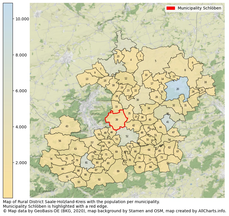 Map of Rural district Saale-Holzland-Kreis with the population per municipality.Municipality Schlöben is highlighted with a red edge.. This page shows a lot of information about residents (such as the distribution by age groups, family composition, gender, native or German with an immigration background, ...), homes (numbers, types, price development, use, type of property, ...) and more (car ownership, energy consumption, ...) based on open data from the German Federal Agency for Cartography, the Federal Statistical Office (DESTATIS), the Regional Statistical Offices and various other sources!