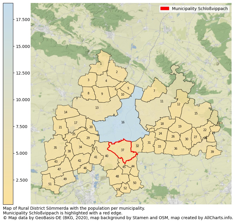 Map of Rural district Sömmerda with the population per municipality.Municipality Schloßvippach is highlighted with a red edge.. This page shows a lot of information about residents (such as the distribution by age groups, family composition, gender, native or German with an immigration background, ...), homes (numbers, types, price development, use, type of property, ...) and more (car ownership, energy consumption, ...) based on open data from the German Federal Agency for Cartography, the Federal Statistical Office (DESTATIS), the Regional Statistical Offices and various other sources!