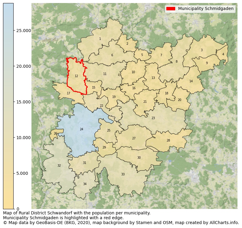 Map of Rural district Schwandorf with the population per municipality.Municipality Schmidgaden is highlighted with a red edge.. This page shows a lot of information about residents (such as the distribution by age groups, family composition, gender, native or German with an immigration background, ...), homes (numbers, types, price development, use, type of property, ...) and more (car ownership, energy consumption, ...) based on open data from the German Federal Agency for Cartography, the Federal Statistical Office (DESTATIS), the Regional Statistical Offices and various other sources!