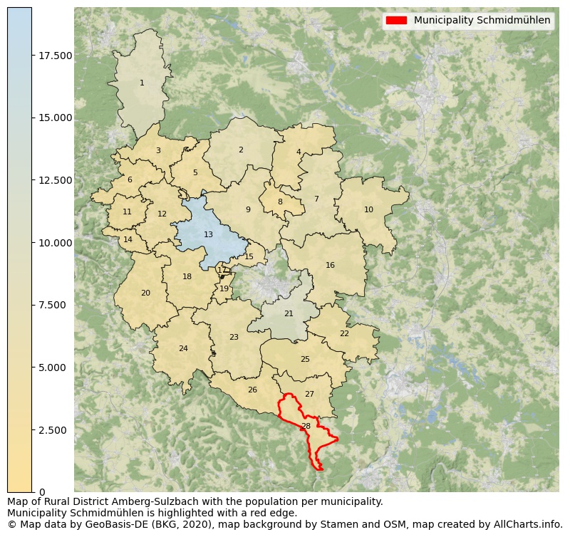 Map of Rural district Amberg-Sulzbach with the population per municipality.Municipality Schmidmühlen is highlighted with a red edge.. This page shows a lot of information about residents (such as the distribution by age groups, family composition, gender, native or German with an immigration background, ...), homes (numbers, types, price development, use, type of property, ...) and more (car ownership, energy consumption, ...) based on open data from the German Federal Agency for Cartography, the Federal Statistical Office (DESTATIS), the Regional Statistical Offices and various other sources!