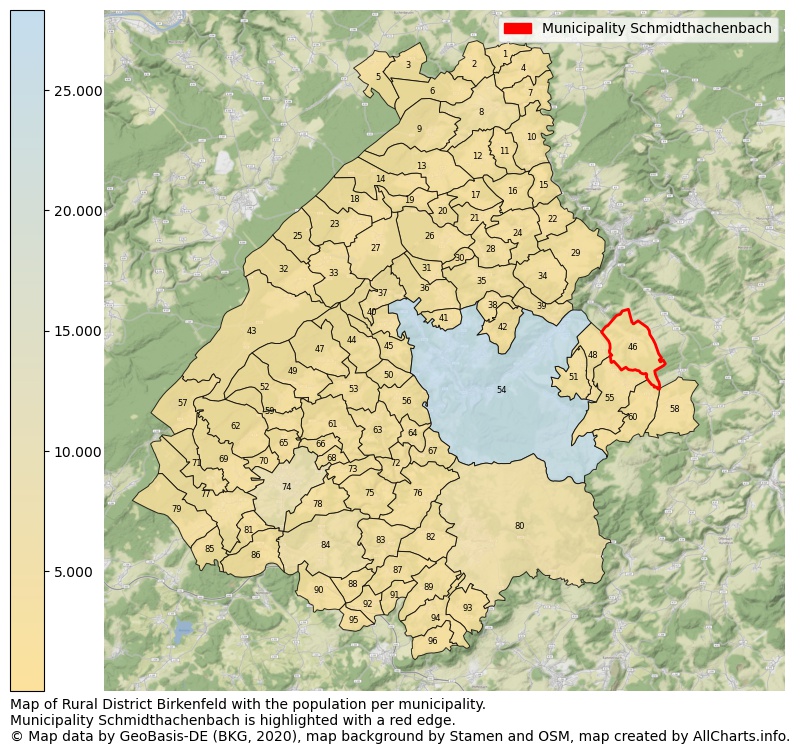 Map of Rural district Birkenfeld with the population per municipality.Municipality Schmidthachenbach is highlighted with a red edge.. This page shows a lot of information about residents (such as the distribution by age groups, family composition, gender, native or German with an immigration background, ...), homes (numbers, types, price development, use, type of property, ...) and more (car ownership, energy consumption, ...) based on open data from the German Federal Agency for Cartography, the Federal Statistical Office (DESTATIS), the Regional Statistical Offices and various other sources!