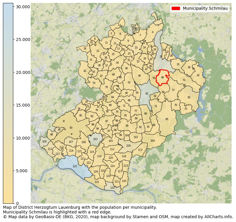 Map of District Herzogtum Lauenburg with the population per municipality.Municipality Schmilau is highlighted with a red edge.. This page shows a lot of information about residents (such as the distribution by age groups, family composition, gender, native or German with an immigration background, ...), homes (numbers, types, price development, use, type of property, ...) and more (car ownership, energy consumption, ...) based on open data from the German Federal Agency for Cartography, the Federal Statistical Office (DESTATIS), the Regional Statistical Offices and various other sources!