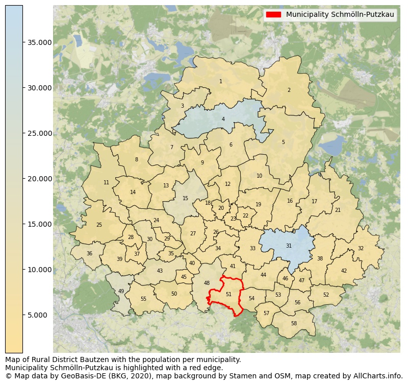 Map of Rural district Bautzen with the population per municipality.Municipality Schmölln-Putzkau is highlighted with a red edge.. This page shows a lot of information about residents (such as the distribution by age groups, family composition, gender, native or German with an immigration background, ...), homes (numbers, types, price development, use, type of property, ...) and more (car ownership, energy consumption, ...) based on open data from the German Federal Agency for Cartography, the Federal Statistical Office (DESTATIS), the Regional Statistical Offices and various other sources!
