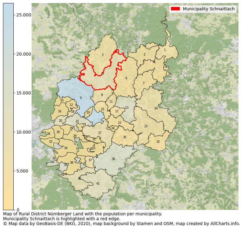 Map of Rural district Nürnberger Land with the population per municipality.Municipality Schnaittach is highlighted with a red edge.. This page shows a lot of information about residents (such as the distribution by age groups, family composition, gender, native or German with an immigration background, ...), homes (numbers, types, price development, use, type of property, ...) and more (car ownership, energy consumption, ...) based on open data from the German Federal Agency for Cartography, the Federal Statistical Office (DESTATIS), the Regional Statistical Offices and various other sources!