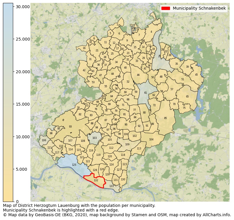 Map of District Herzogtum Lauenburg with the population per municipality.Municipality Schnakenbek is highlighted with a red edge.. This page shows a lot of information about residents (such as the distribution by age groups, family composition, gender, native or German with an immigration background, ...), homes (numbers, types, price development, use, type of property, ...) and more (car ownership, energy consumption, ...) based on open data from the German Federal Agency for Cartography, the Federal Statistical Office (DESTATIS), the Regional Statistical Offices and various other sources!