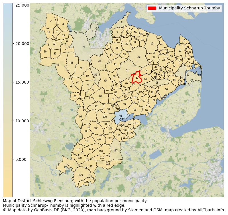 Map of District Schleswig-Flensburg with the population per municipality.Municipality Schnarup-Thumby is highlighted with a red edge.. This page shows a lot of information about residents (such as the distribution by age groups, family composition, gender, native or German with an immigration background, ...), homes (numbers, types, price development, use, type of property, ...) and more (car ownership, energy consumption, ...) based on open data from the German Federal Agency for Cartography, the Federal Statistical Office (DESTATIS), the Regional Statistical Offices and various other sources!