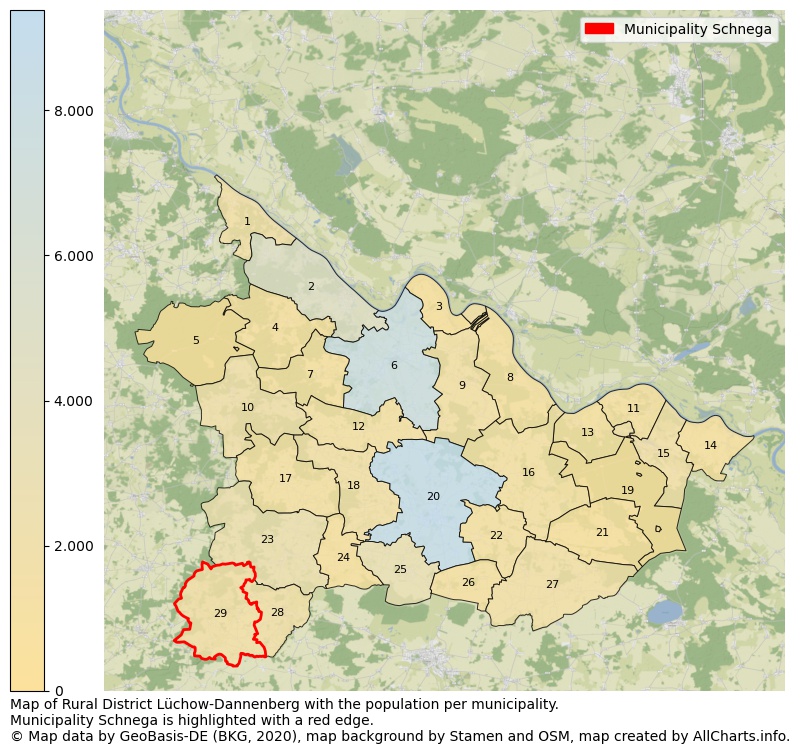 Map of Rural district Lüchow-Dannenberg with the population per municipality.Municipality Schnega is highlighted with a red edge.. This page shows a lot of information about residents (such as the distribution by age groups, family composition, gender, native or German with an immigration background, ...), homes (numbers, types, price development, use, type of property, ...) and more (car ownership, energy consumption, ...) based on open data from the German Federal Agency for Cartography, the Federal Statistical Office (DESTATIS), the Regional Statistical Offices and various other sources!