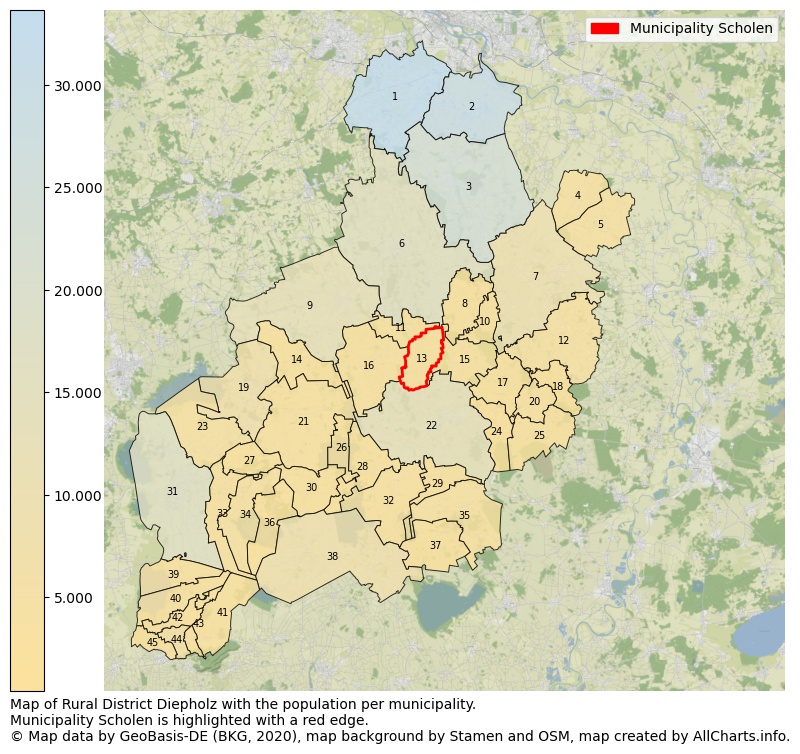 Map of Rural district Diepholz with the population per municipality.Municipality Scholen is highlighted with a red edge.. This page shows a lot of information about residents (such as the distribution by age groups, family composition, gender, native or German with an immigration background, ...), homes (numbers, types, price development, use, type of property, ...) and more (car ownership, energy consumption, ...) based on open data from the German Federal Agency for Cartography, the Federal Statistical Office (DESTATIS), the Regional Statistical Offices and various other sources!