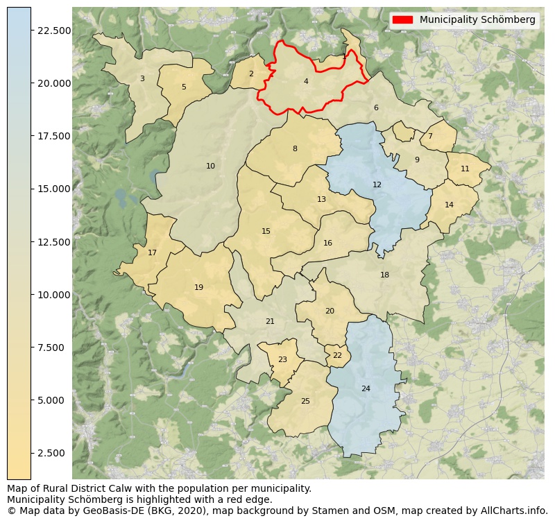 Map of Rural district Calw with the population per municipality.Municipality Schömberg is highlighted with a red edge.. This page shows a lot of information about residents (such as the distribution by age groups, family composition, gender, native or German with an immigration background, ...), homes (numbers, types, price development, use, type of property, ...) and more (car ownership, energy consumption, ...) based on open data from the German Federal Agency for Cartography, the Federal Statistical Office (DESTATIS), the Regional Statistical Offices and various other sources!