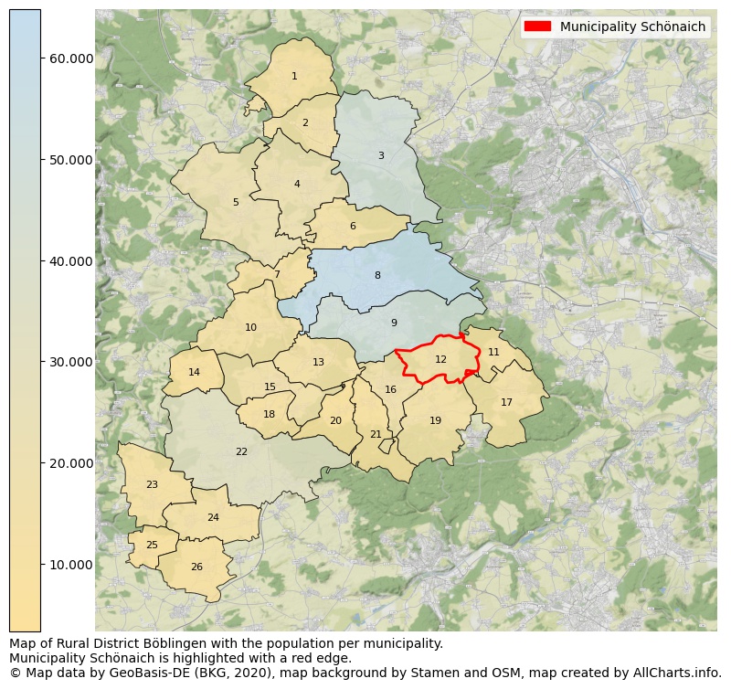 Map of Rural district Böblingen with the population per municipality.Municipality Schönaich is highlighted with a red edge.. This page shows a lot of information about residents (such as the distribution by age groups, family composition, gender, native or German with an immigration background, ...), homes (numbers, types, price development, use, type of property, ...) and more (car ownership, energy consumption, ...) based on open data from the German Federal Agency for Cartography, the Federal Statistical Office (DESTATIS), the Regional Statistical Offices and various other sources!