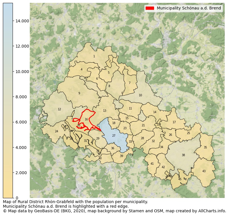Map of Rural district Rhön-Grabfeld with the population per municipality.Municipality Schönau a.d. Brend is highlighted with a red edge.. This page shows a lot of information about residents (such as the distribution by age groups, family composition, gender, native or German with an immigration background, ...), homes (numbers, types, price development, use, type of property, ...) and more (car ownership, energy consumption, ...) based on open data from the German Federal Agency for Cartography, the Federal Statistical Office (DESTATIS), the Regional Statistical Offices and various other sources!
