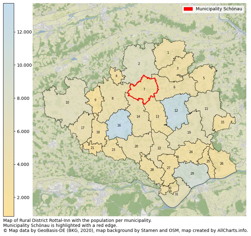 Map of Rural district Rottal-Inn with the population per municipality.Municipality Schönau is highlighted with a red edge.. This page shows a lot of information about residents (such as the distribution by age groups, family composition, gender, native or German with an immigration background, ...), homes (numbers, types, price development, use, type of property, ...) and more (car ownership, energy consumption, ...) based on open data from the German Federal Agency for Cartography, the Federal Statistical Office (DESTATIS), the Regional Statistical Offices and various other sources!