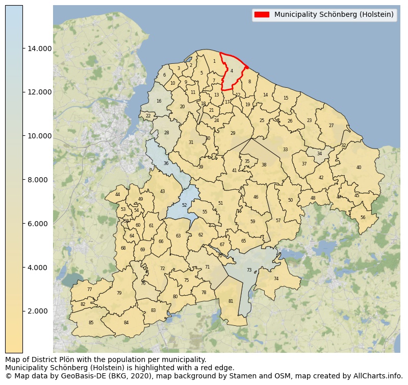 Map of District Plön with the population per municipality.Municipality Schönberg (Holstein) is highlighted with a red edge.. This page shows a lot of information about residents (such as the distribution by age groups, family composition, gender, native or German with an immigration background, ...), homes (numbers, types, price development, use, type of property, ...) and more (car ownership, energy consumption, ...) based on open data from the German Federal Agency for Cartography, the Federal Statistical Office (DESTATIS), the Regional Statistical Offices and various other sources!