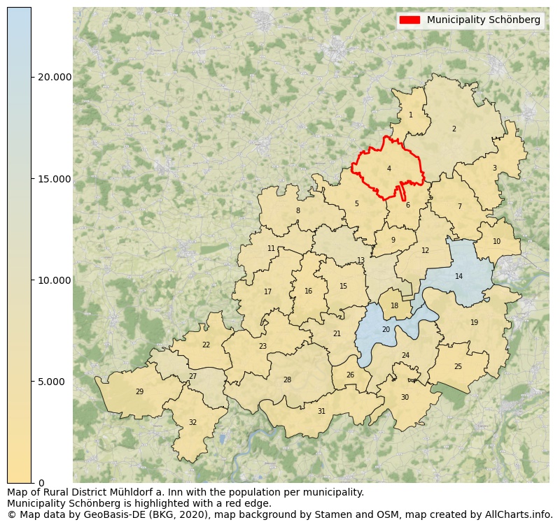 Map of Rural district Mühldorf a. Inn with the population per municipality.Municipality Schönberg is highlighted with a red edge.. This page shows a lot of information about residents (such as the distribution by age groups, family composition, gender, native or German with an immigration background, ...), homes (numbers, types, price development, use, type of property, ...) and more (car ownership, energy consumption, ...) based on open data from the German Federal Agency for Cartography, the Federal Statistical Office (DESTATIS), the Regional Statistical Offices and various other sources!