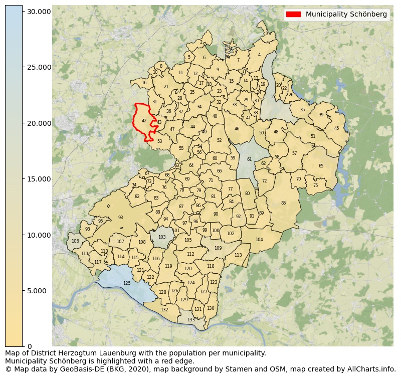 Map of District Herzogtum Lauenburg with the population per municipality.Municipality Schönberg is highlighted with a red edge.. This page shows a lot of information about residents (such as the distribution by age groups, family composition, gender, native or German with an immigration background, ...), homes (numbers, types, price development, use, type of property, ...) and more (car ownership, energy consumption, ...) based on open data from the German Federal Agency for Cartography, the Federal Statistical Office (DESTATIS), the Regional Statistical Offices and various other sources!