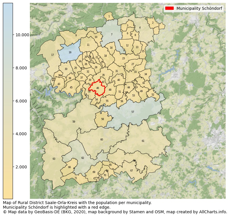 Map of Rural district Saale-Orla-Kreis with the population per municipality.Municipality Schöndorf is highlighted with a red edge.. This page shows a lot of information about residents (such as the distribution by age groups, family composition, gender, native or German with an immigration background, ...), homes (numbers, types, price development, use, type of property, ...) and more (car ownership, energy consumption, ...) based on open data from the German Federal Agency for Cartography, the Federal Statistical Office (DESTATIS), the Regional Statistical Offices and various other sources!