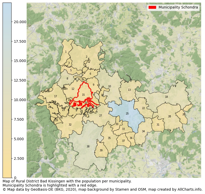 Map of Rural district Bad Kissingen with the population per municipality.Municipality Schondra is highlighted with a red edge.. This page shows a lot of information about residents (such as the distribution by age groups, family composition, gender, native or German with an immigration background, ...), homes (numbers, types, price development, use, type of property, ...) and more (car ownership, energy consumption, ...) based on open data from the German Federal Agency for Cartography, the Federal Statistical Office (DESTATIS), the Regional Statistical Offices and various other sources!