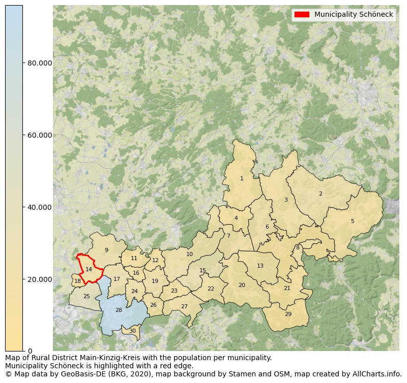 Map of Rural district Main-Kinzig-Kreis with the population per municipality.Municipality Schöneck is highlighted with a red edge.. This page shows a lot of information about residents (such as the distribution by age groups, family composition, gender, native or German with an immigration background, ...), homes (numbers, types, price development, use, type of property, ...) and more (car ownership, energy consumption, ...) based on open data from the German Federal Agency for Cartography, the Federal Statistical Office (DESTATIS), the Regional Statistical Offices and various other sources!