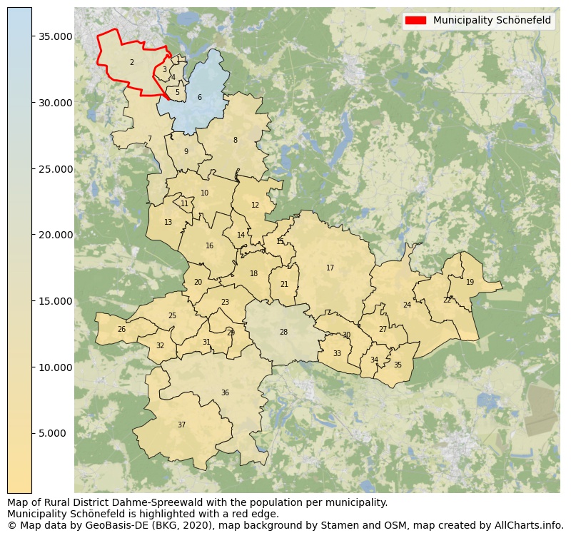 Map of Rural district Dahme-Spreewald with the population per municipality.Municipality Schönefeld is highlighted with a red edge.. This page shows a lot of information about residents (such as the distribution by age groups, family composition, gender, native or German with an immigration background, ...), homes (numbers, types, price development, use, type of property, ...) and more (car ownership, energy consumption, ...) based on open data from the German Federal Agency for Cartography, the Federal Statistical Office (DESTATIS), the Regional Statistical Offices and various other sources!