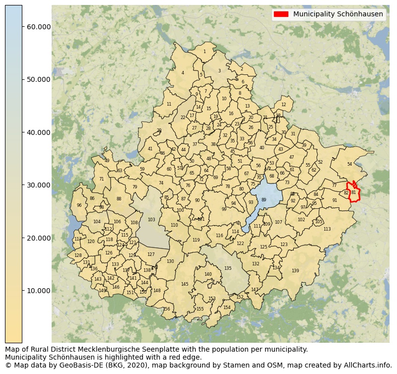 Map of Rural district Mecklenburgische Seenplatte with the population per municipality.Municipality Schönhausen is highlighted with a red edge.. This page shows a lot of information about residents (such as the distribution by age groups, family composition, gender, native or German with an immigration background, ...), homes (numbers, types, price development, use, type of property, ...) and more (car ownership, energy consumption, ...) based on open data from the German Federal Agency for Cartography, the Federal Statistical Office (DESTATIS), the Regional Statistical Offices and various other sources!
