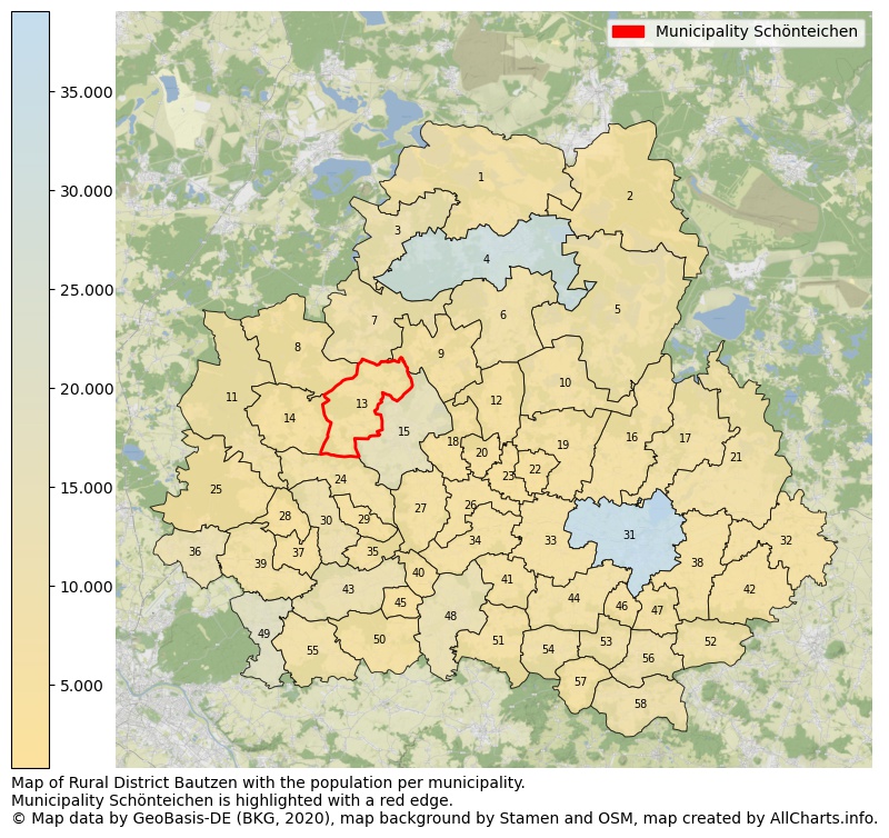 Map of Rural district Bautzen with the population per municipality.Municipality Schönteichen is highlighted with a red edge.. This page shows a lot of information about residents (such as the distribution by age groups, family composition, gender, native or German with an immigration background, ...), homes (numbers, types, price development, use, type of property, ...) and more (car ownership, energy consumption, ...) based on open data from the German Federal Agency for Cartography, the Federal Statistical Office (DESTATIS), the Regional Statistical Offices and various other sources!