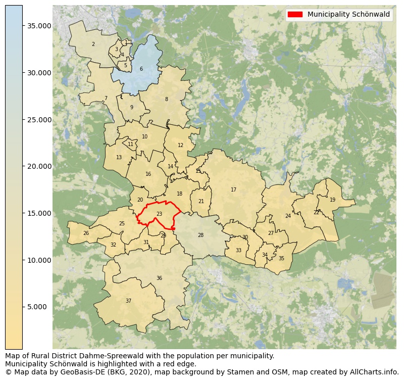 Map of Rural district Dahme-Spreewald with the population per municipality.Municipality Schönwald is highlighted with a red edge.. This page shows a lot of information about residents (such as the distribution by age groups, family composition, gender, native or German with an immigration background, ...), homes (numbers, types, price development, use, type of property, ...) and more (car ownership, energy consumption, ...) based on open data from the German Federal Agency for Cartography, the Federal Statistical Office (DESTATIS), the Regional Statistical Offices and various other sources!