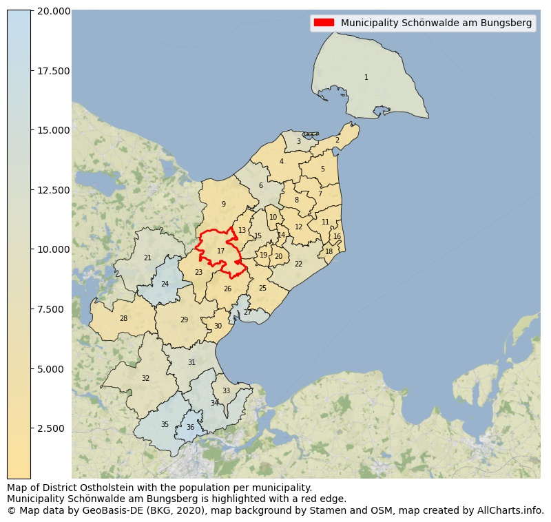 Map of District Ostholstein with the population per municipality.Municipality Schönwalde am Bungsberg is highlighted with a red edge.. This page shows a lot of information about residents (such as the distribution by age groups, family composition, gender, native or German with an immigration background, ...), homes (numbers, types, price development, use, type of property, ...) and more (car ownership, energy consumption, ...) based on open data from the German Federal Agency for Cartography, the Federal Statistical Office (DESTATIS), the Regional Statistical Offices and various other sources!