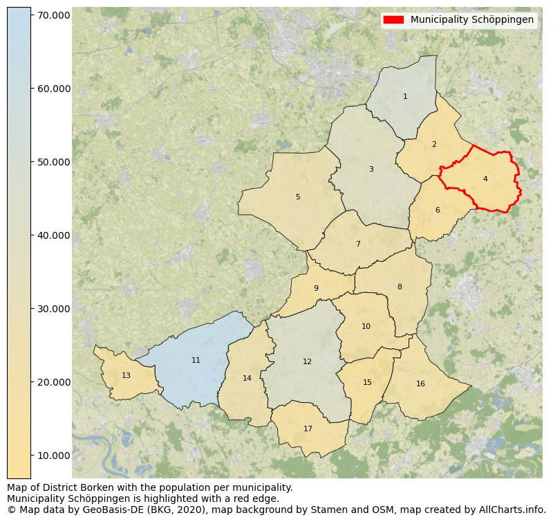 Map of District Borken with the population per municipality.Municipality Schöppingen is highlighted with a red edge.. This page shows a lot of information about residents (such as the distribution by age groups, family composition, gender, native or German with an immigration background, ...), homes (numbers, types, price development, use, type of property, ...) and more (car ownership, energy consumption, ...) based on open data from the German Federal Agency for Cartography, the Federal Statistical Office (DESTATIS), the Regional Statistical Offices and various other sources!