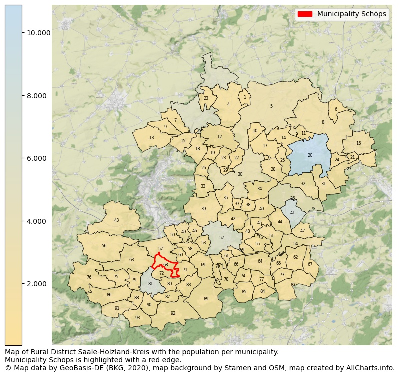 Map of Rural district Saale-Holzland-Kreis with the population per municipality.Municipality Schöps is highlighted with a red edge.. This page shows a lot of information about residents (such as the distribution by age groups, family composition, gender, native or German with an immigration background, ...), homes (numbers, types, price development, use, type of property, ...) and more (car ownership, energy consumption, ...) based on open data from the German Federal Agency for Cartography, the Federal Statistical Office (DESTATIS), the Regional Statistical Offices and various other sources!