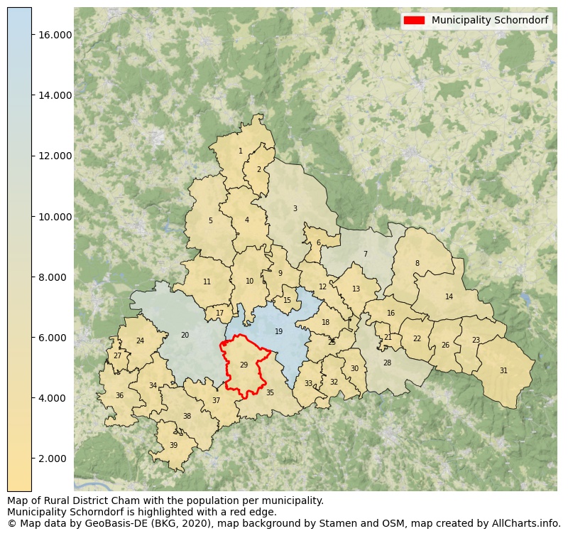Map of Rural district Cham with the population per municipality.Municipality Schorndorf is highlighted with a red edge.. This page shows a lot of information about residents (such as the distribution by age groups, family composition, gender, native or German with an immigration background, ...), homes (numbers, types, price development, use, type of property, ...) and more (car ownership, energy consumption, ...) based on open data from the German Federal Agency for Cartography, the Federal Statistical Office (DESTATIS), the Regional Statistical Offices and various other sources!