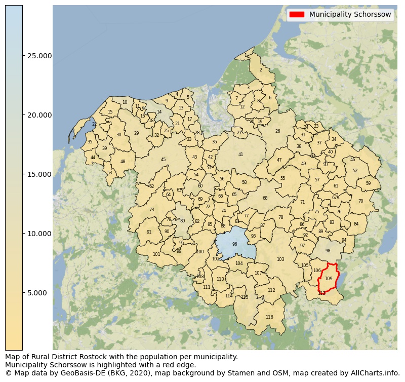 Map of Rural district Rostock with the population per municipality.Municipality Schorssow is highlighted with a red edge.. This page shows a lot of information about residents (such as the distribution by age groups, family composition, gender, native or German with an immigration background, ...), homes (numbers, types, price development, use, type of property, ...) and more (car ownership, energy consumption, ...) based on open data from the German Federal Agency for Cartography, the Federal Statistical Office (DESTATIS), the Regional Statistical Offices and various other sources!